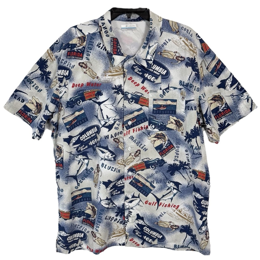 Columbia Vented PFG Shirt Size XL Graphic Hawaiian‎ Marlin Pinup Hula Girl Cars